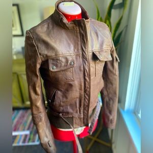 Alpha Industries authentic brown leather airplane bomber jacket, fitted, medium